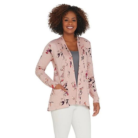 LOGO by Lori Goldstein Printed Cotton Cardigan XS Pink Floral Pleats NWOT - Picture 1 of 3